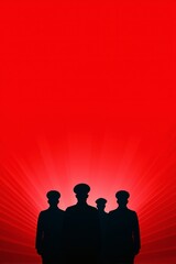 Soldier silhouettes over radial red rays, Dramatic background suggesting power and unity, Concept for authority or collective strength