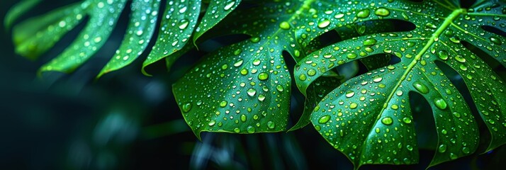 Closeup of a Green Leaf of Monstera Plant with Water Droplets
