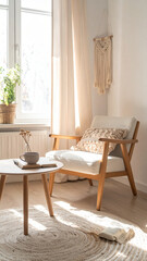Cozy eco living room interior design with chair, table with dry grass and window, Daylight, beige colors