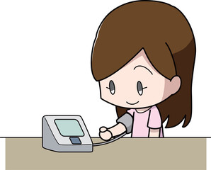 上腕式カフの血圧計で血圧を測る女性のイラスト