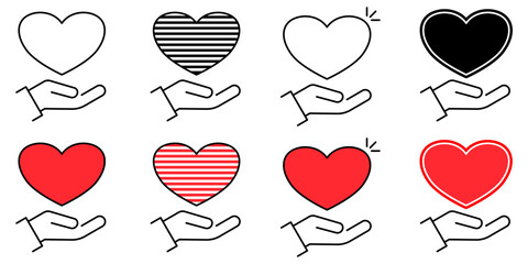 Heart in Hand Icon set Showing care and support. Symbol of perfect for healthcare providers, charities, and community organizations. Heart in Hand Vector Icon in line style design. Vector illustration