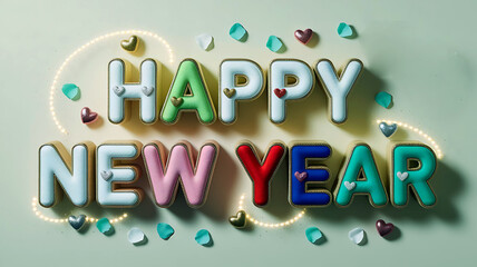 A Festive Happy New Year Display with Embroidered Letters and Hearts