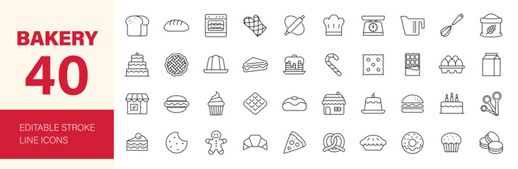 Bakery icon set. Containing bread, pie, cake, donut, croissant, pancakes, cupcake, oven, baking tools, cookies, birthday cake, chocolate and more. Editable line icons. Vector illustration.