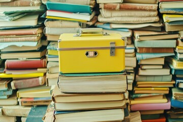 high detail visual of lunchbox on heap of notebooks