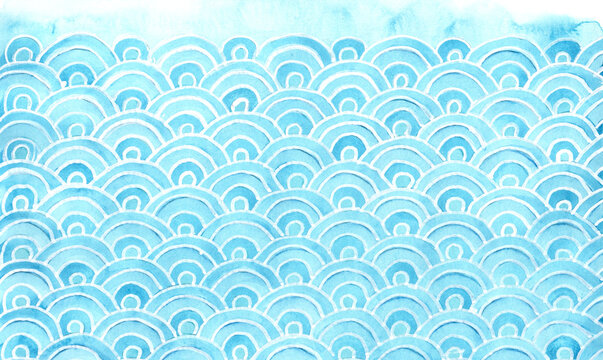 Watercolor painting of Japanese wave pattern in blue tones