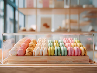 Colorful macarons displayed neatly inside a glass bakery case