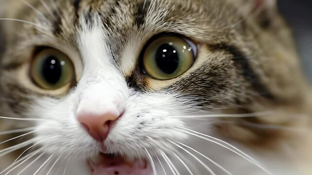 Close Up Shot of Cat's Face with Green Eyes and Open Mouth Showing Teeth