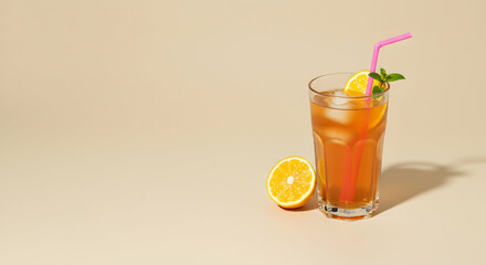 Refreshing Orange Juice Cocktail with Mint and Straw in Glass