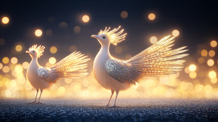 Fototapeta premium Two ethereal birds with shimmering feathers and glowing crowns stand gracefully against backdrop of soft, golden bokeh lights, evoking sense of magic and wonder