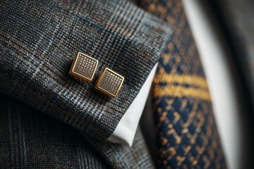 Sophisticated closeup of a tailored jacket sleeve featuring gold cufflinks and shirt cuff, reflecting elegance and style.