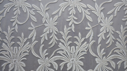 Fototapeta premium Elegant Off White Floral Embroidered Mesh Fabric Texture