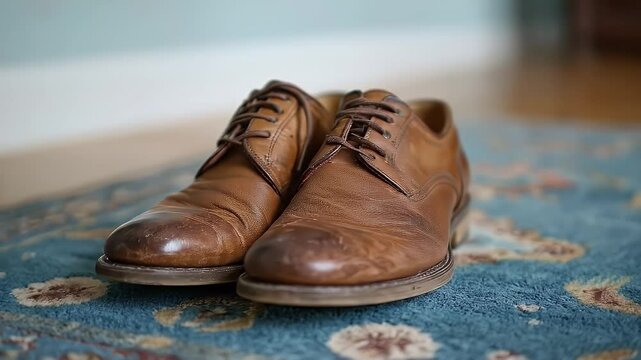 Close View of Tan Leather Brogue Shoes on a Blue Patterned Carpet with Soft Lighting