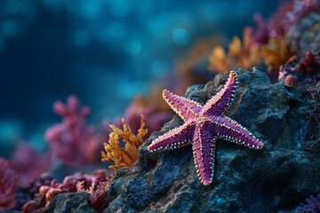 Purple Starfish Resting on Coral Reef Rock Submerged Underwater Scenic Marine Life Exploration