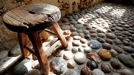 Obraz premium Aged wooden stool on a stone floor