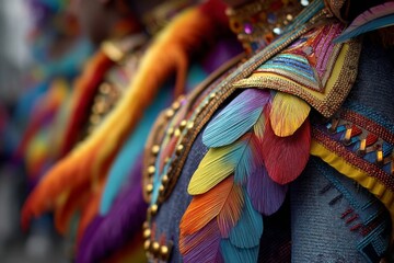 Spectacular ornate clothing featuring colorful plumage and gold beadwork, celebrating vibrant festival culture with stunning detail