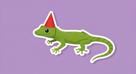 Fototapeta premium Cartoon Gecko with Party Hat on Purple Background for Celebration