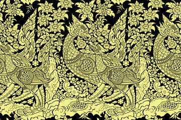 Naklejka premium Seamless traditional Thai art pattern in damask style motifs suitable for wallpaper, clothing, curtain, textile, tile, blanket, and fabric design isolated illustration vector archive EPS file.