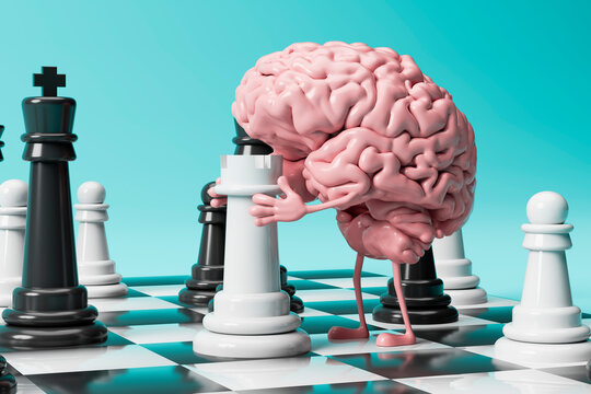 3D rendering of a brain playing chess symbolizing mental health and cognitive activity