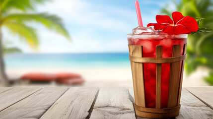 Refreshing summer drink in wooden cup, garnished with flower, set against tropical beach background. vibrant colors and serene atmosphere evoke sense of relaxation and enjoyment