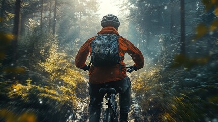 Fototapeta premium A close-up of a cyclist riding through a forest trail, dynamic action