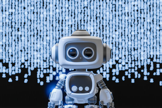 3D rendering of a futuristic robot with a digital code background