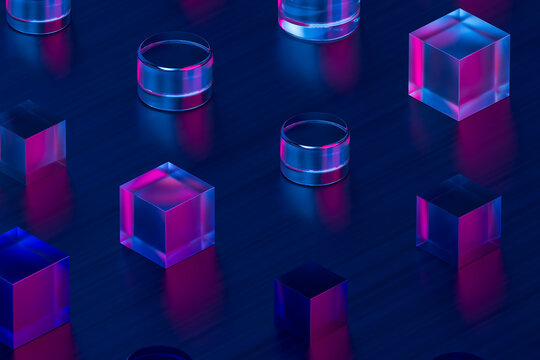 Abstract 3D rendering of glass cubes and cylinders with neon reflections