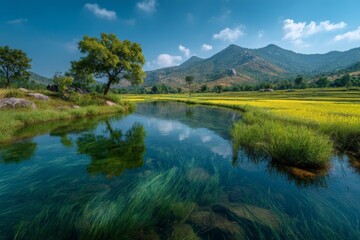 Scenic landscape featuring a tranquil pond with clear waters, verdant meadows, distant mountains, and sunny blue sky.