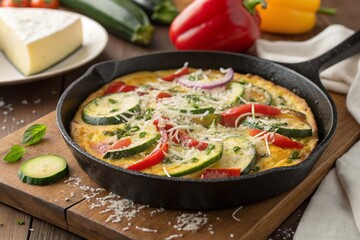 Frittata with vegetables (zucchini, peppers, onions) in a pan, sprinkled with grated cheese. High quality photo
