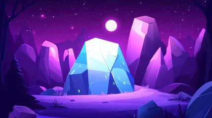 Fototapeta premium Luminous pixelated crystal cave artwork displaying serene landscapes with fantasy and digital art elements in beautiful purple shades