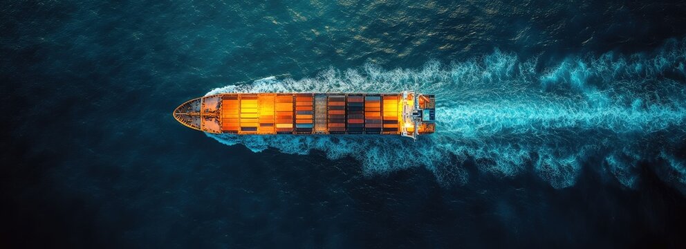 High-angle view of a cargo ship on dark water.