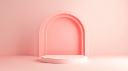 minimalist display featuring soft pink backdrop with arch design and circular platform, creating serene and inviting atmosphere perfect for showcasing products or art
