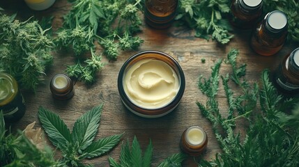 CBD cream surrounded by cannabis leaves