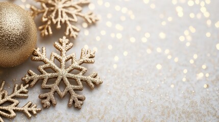 Elegant gold snowflakes and a glittery ornament on a sparkling festive background.