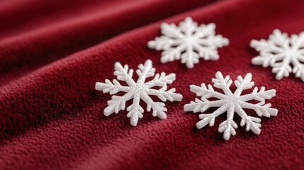 White decorative snowflakes rest on a soft, red textured fabric background.