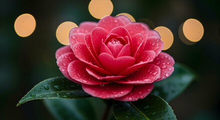 Obraz premium Vibrant Red Flower with Water Droplets Against a Soft Bokeh Background
