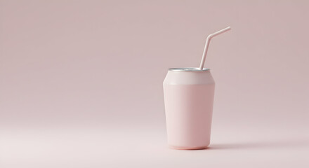 Minimalist Soft Pink Drink Can with Straw on Simple Background