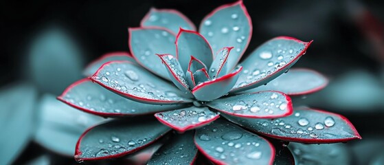 Fototapeta premium A close-up of a succulent plant with deep blue-green leaves and red-tipped edges, covered in water droplets.