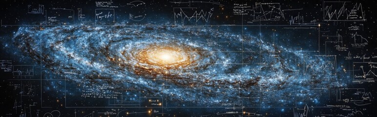 Cosmic spiral galaxy is superimposed with scientific charts against a dark background filled with stars