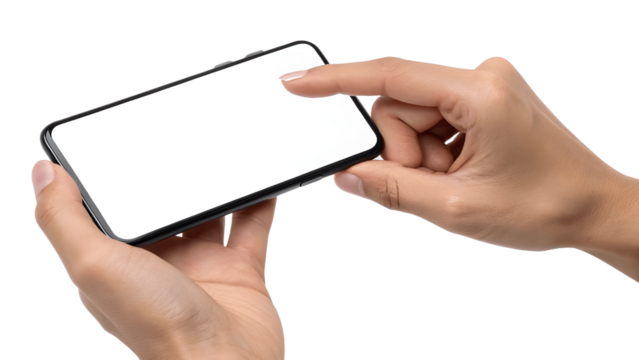 Close-Up of Hands Using Smartphone with Blank White Screen on Black Background