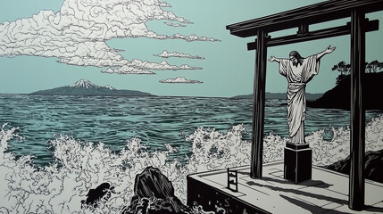 minimalist aesthetic woodblock linocut, negative space, stipple, minimalism, fractal recursive surreal silhouette, christ shrine alaska