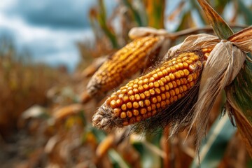 Close-up view showcasing mature yellow corn cobs on stalk, ready for harvest in field against a blurred blue sky