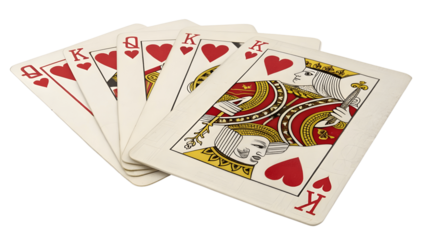 Close-Up of Playing Cards Displaying Kings and Queens of Hearts
