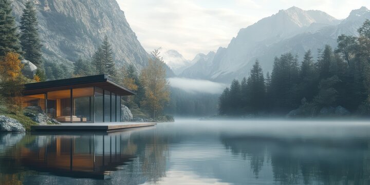 Misty mountain lake cabin