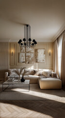"A stylish living room featuring a beige sectional sofa, a black chandelier, abstract wall art, and a coffee table with decorative items. Natural light filters through floor-to-ceiling curtains.
"