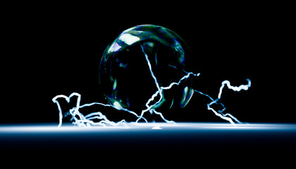 Abstract 3D render of a glowing bubble with electric rays on a dark background