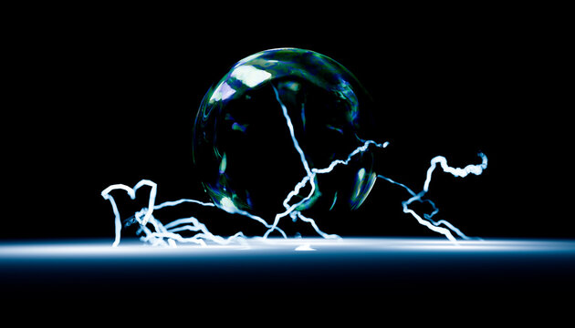 Abstract 3D render of a glowing bubble with electric rays on a dark background