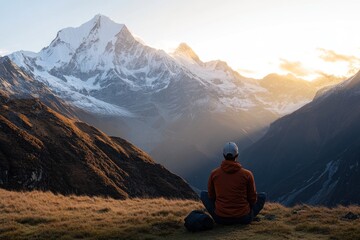 Fototapeta premium Sunrise over mountains with man sitting cross-legged in silence