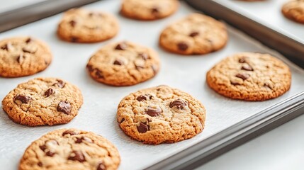 Freshly baked chocolate chip cookies cooling on parchment-lined baking sheets.