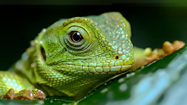 Detailed Portrait Of Green Lizard with Big Eyes Sitting On Leaves with Dark Background