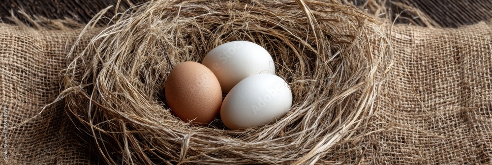 Leinwandbilder realistic straw nest containing white and brown eggs displayed on rustic wooden surface generative a